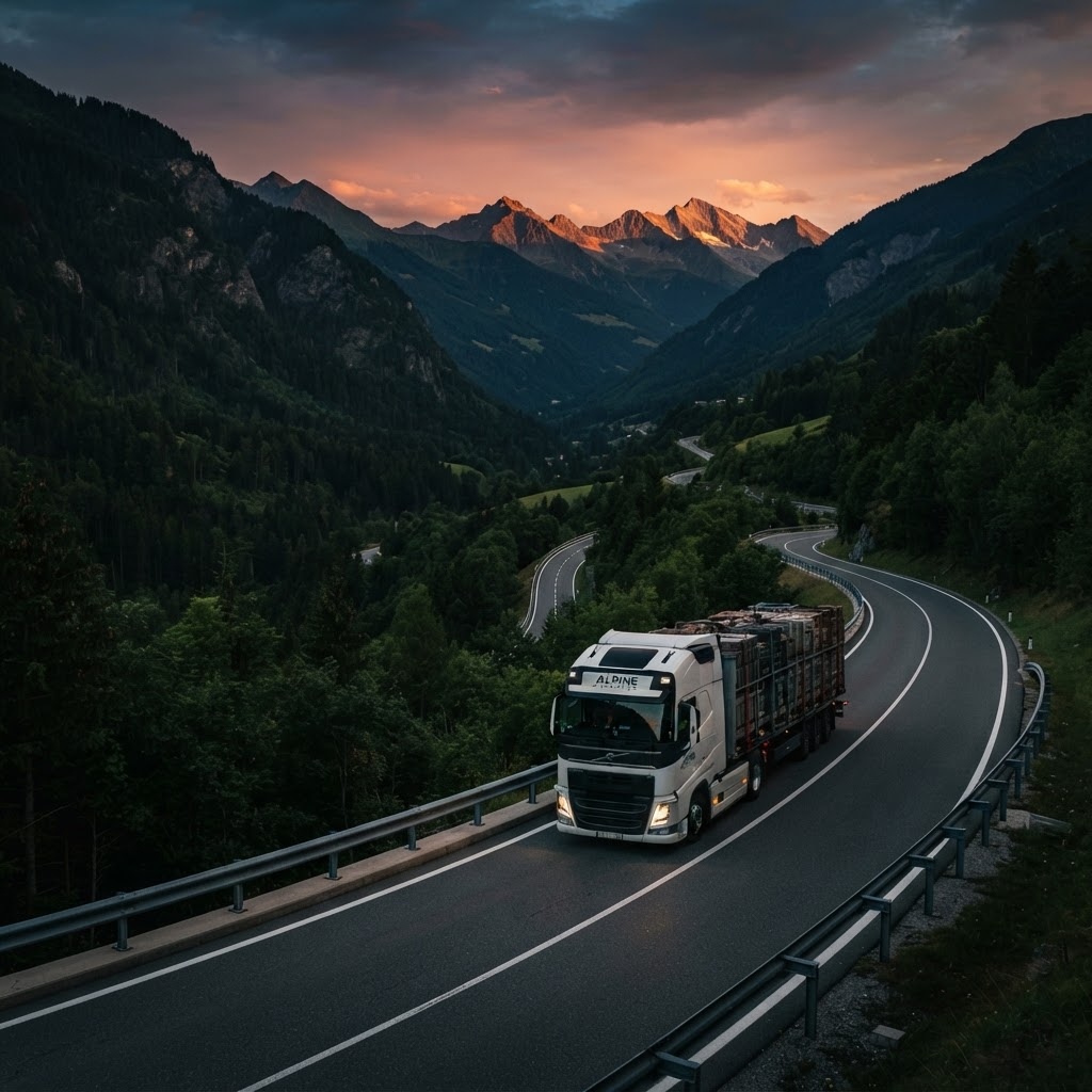 Caminhão da Rodonaves dirigindo por uma estrada de montanha ao entardecer